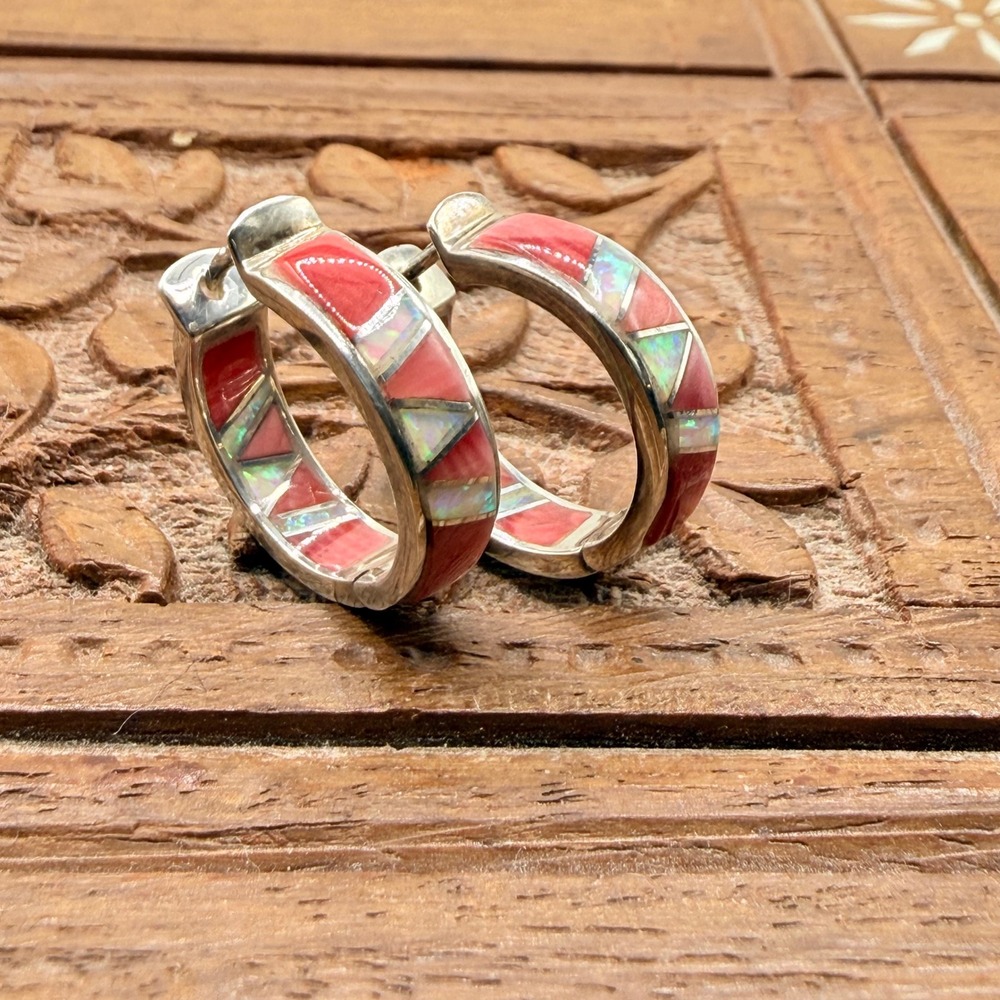 Hoop Earrings Red Spiny Oyster Opal Inlay Sterling Silver Hoop Zig Zag